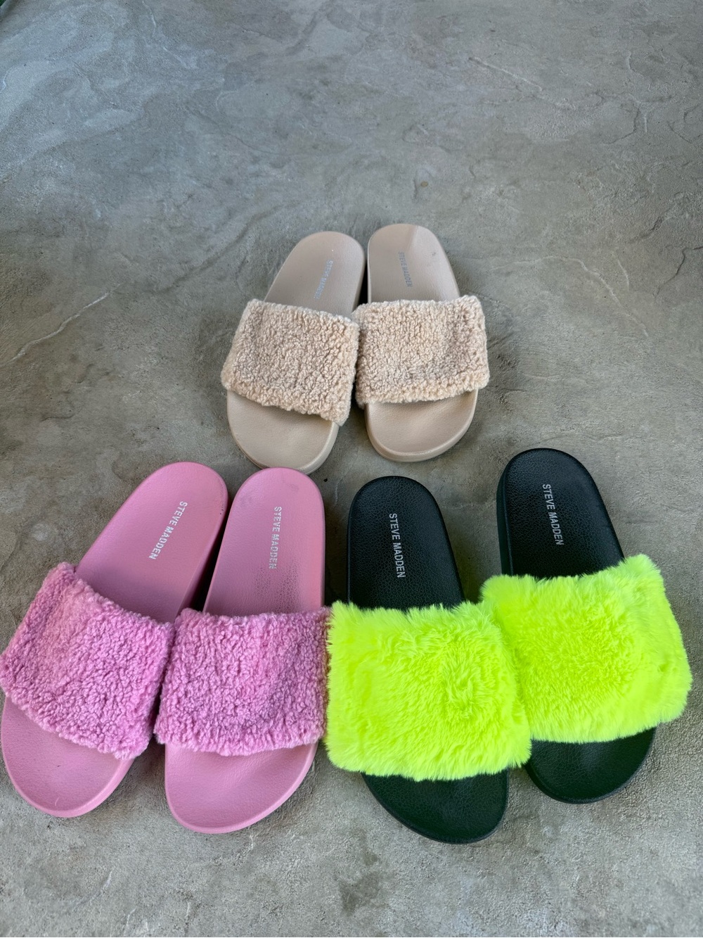 Steve Madden Pink, Beige & Neon Green Fuzzy Slide Sandals
